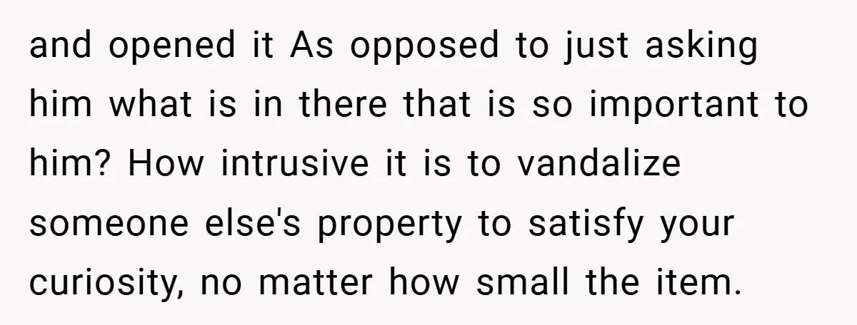 and opened it As opposed to just asking him what is in there that is so important to him? How intrusive it is to vandalize someone else's property to satisfy...