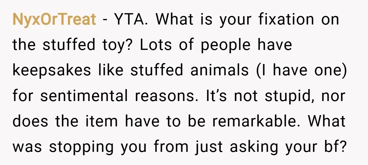NyxOrTreat − YTA. What is your fixation on the stuffed toy? Lots of people have keepsakes like stuffed animals (I have one) for sentimental reasons. It’s not stupid, nor does...