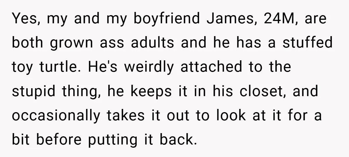 Yes, my and my boyfriend James, 24M, are both grown ass adults and he has a stuffed toy turtle. He's weirdly attached to the stupid thing, he keeps it in...