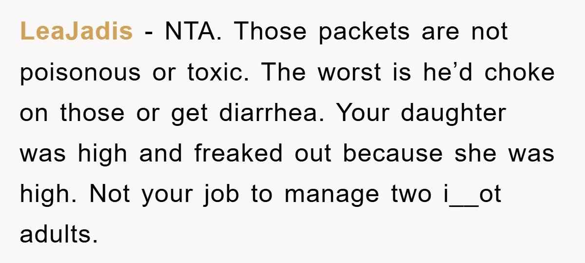 LeaJadis − NTA. Those packets are not poisonous or toxic. The worst is he’d choke on those or get diarrhea. Your daughter was high and freaked out because she was...