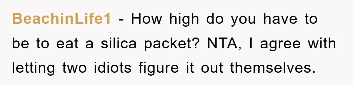 BeachinLife1 − How high do you have to be to eat a silica packet? NTA, I agree with letting two idiots figure it out themselves.