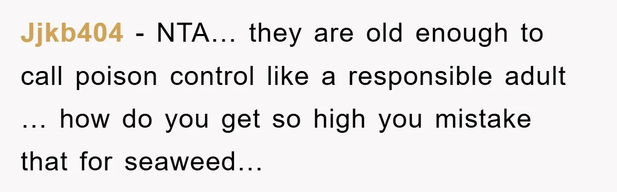 Jjkb404 − NTA… they are old enough to call poison control like a responsible adult … how do you get so high you mistake that for seaweed…