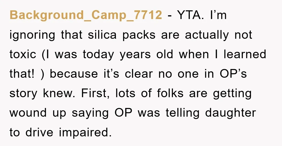 Background_Camp_7712 − YTA. I’m ignoring that silica packs are actually not toxic (I was today years old when I learned that! ) because it’s clear no one in OP’s story...