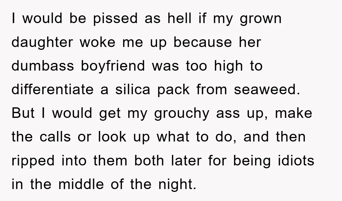 I would be pissed as hell if my grown daughter woke me up because her dumbass boyfriend was too high to differentiate a silica pack from seaweed. But I would...