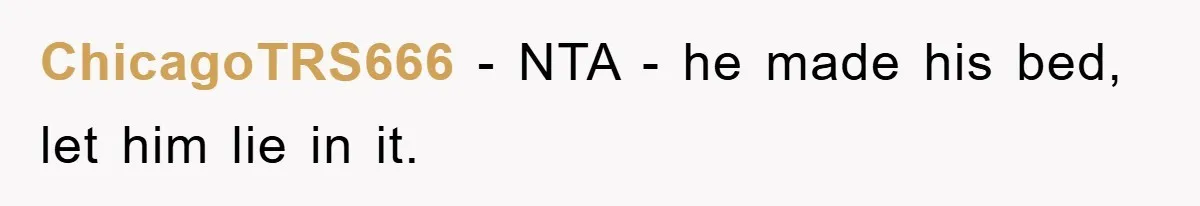 ChicagoTRS666 - NTA - he made his bed, let him lie in it.