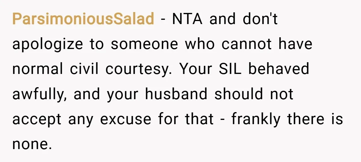 ParsimoniousSalad − NTA and don't apologize to someone who cannot have normal civil courtesy. Your SIL behaved awfully, and your husband should not accept any excuse for that - frankly...