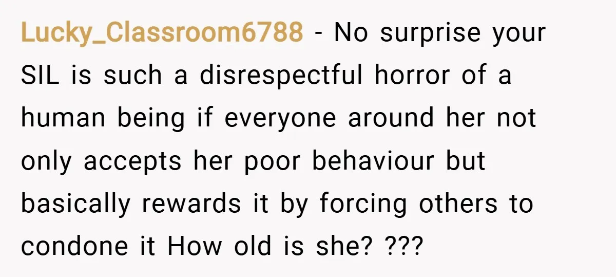 Lucky_Classroom6788 − No surprise your SIL is such a disrespectful horror of a human being if everyone around her not only accepts her poor behaviour but basically rewards it by...