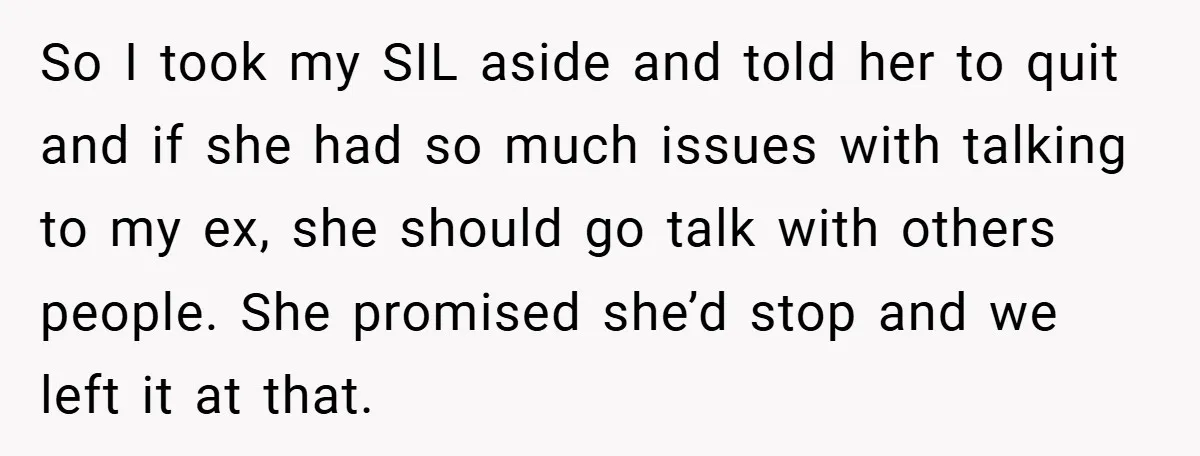 So I took my SIL aside and told her to quit and if she had so much issues with talking to my ex, she should go talk with others people....