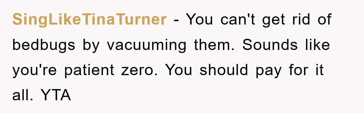 SingLikeTinaTurner − You can't get rid of bedbugs by vacuuming them. Sounds like you're patient zero. You should pay for it all. YTA