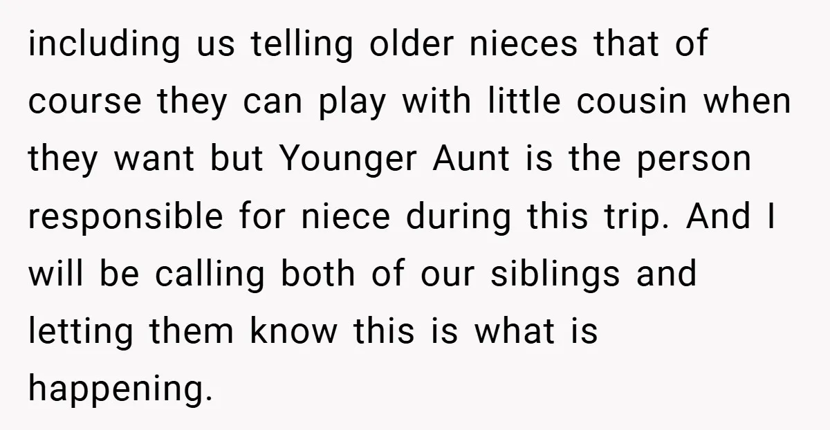 including us telling older nieces that of course they can play with little cousin when they want but Younger Aunt is the person responsible for niece during this trip. And...