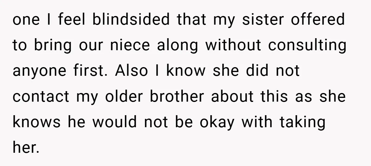 one I feel blindsided that my sister offered to bring our niece along without consulting anyone first. Also I know she did not contact my older brother about this as...