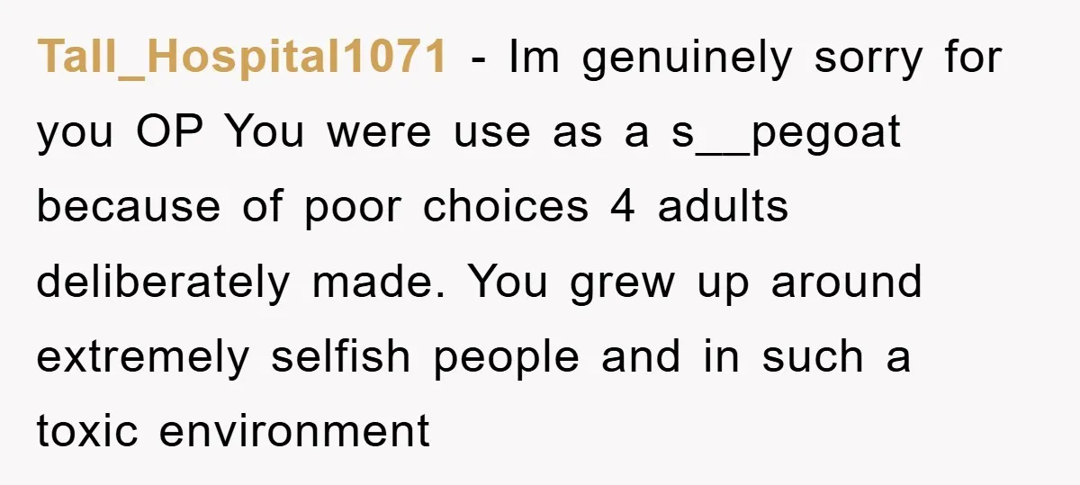 Tall_Hospital1071 - Im genuinely sorry for you OP You were use as a s__pegoat because of poor choices 4 adults deliberately made. You grew up around extremely selfish people and...