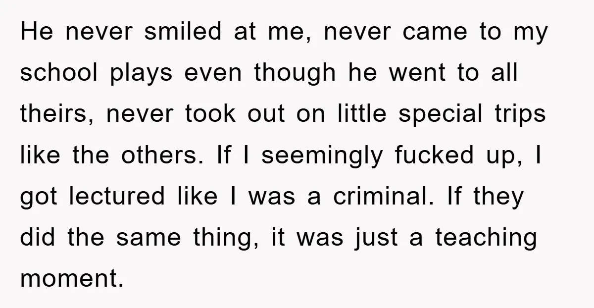 He never smiled at me, never came to my school plays even though he went to all theirs, never took out on little special trips like the others. If I...