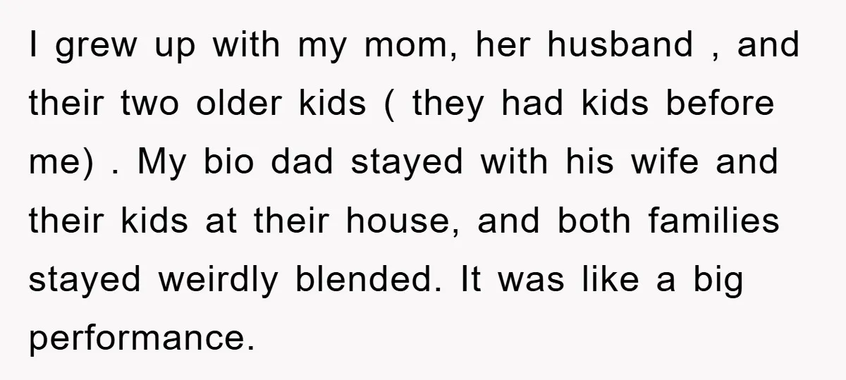 I grew up with my mom, her husband , and their two older kids ( they had kids before me) . My bio dad stayed with his wife and their...