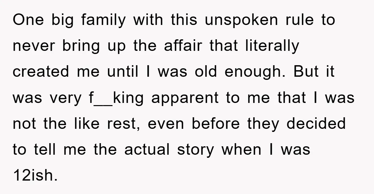 One big family with this unspoken rule to never bring up the affair that literally created me until I was old enough. But it was very f__king apparent to me...