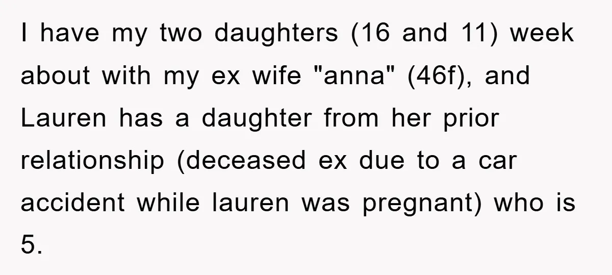 I have my two daughters (16 and 11) week about with my ex wife "anna" (46f), and Lauren has a daughter from her prior relationship (deceased ex due to a...