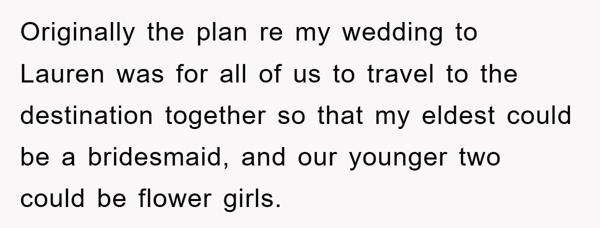 Originally the plan re my wedding to Lauren was for all of us to travel to the destination together so that my eldest could be a bridesmaid, and our younger...
