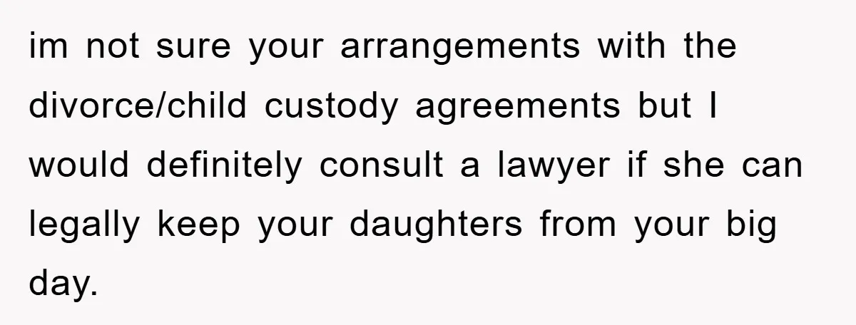 im not sure your arrangements with the divorce/child custody agreements but I would definitely consult a lawyer if she can legally keep your daughters from your big day.