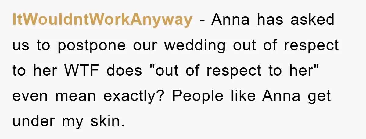 ItWouldntWorkAnyway − Anna has asked us to postpone our wedding out of respect to her WTF does "out of respect to her" even mean exactly? People like Anna get under...
