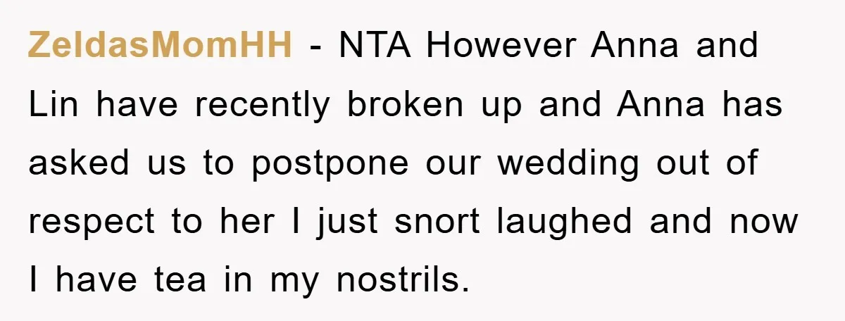ZeldasMomHH − NTA However Anna and Lin have recently broken up and Anna has asked us to postpone our wedding out of respect to her I just snort laughed and...