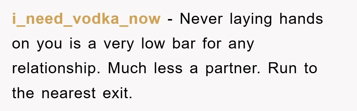 i_need_vodka_now − Never laying hands on you is a very low bar for any relationship. Much less a partner. Run to the nearest exit.