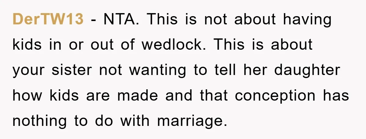 DerTW13 − NTA. This is not about having kids in or out of wedlock. This is about your sister not wanting to tell her daughter how kids are made and...