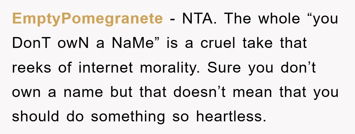 EmptyPomegranete − NTA. The whole “you DonT owN a NaMe” is a cruel take that reeks of internet morality. Sure you don’t own a name but that doesn’t mean that...