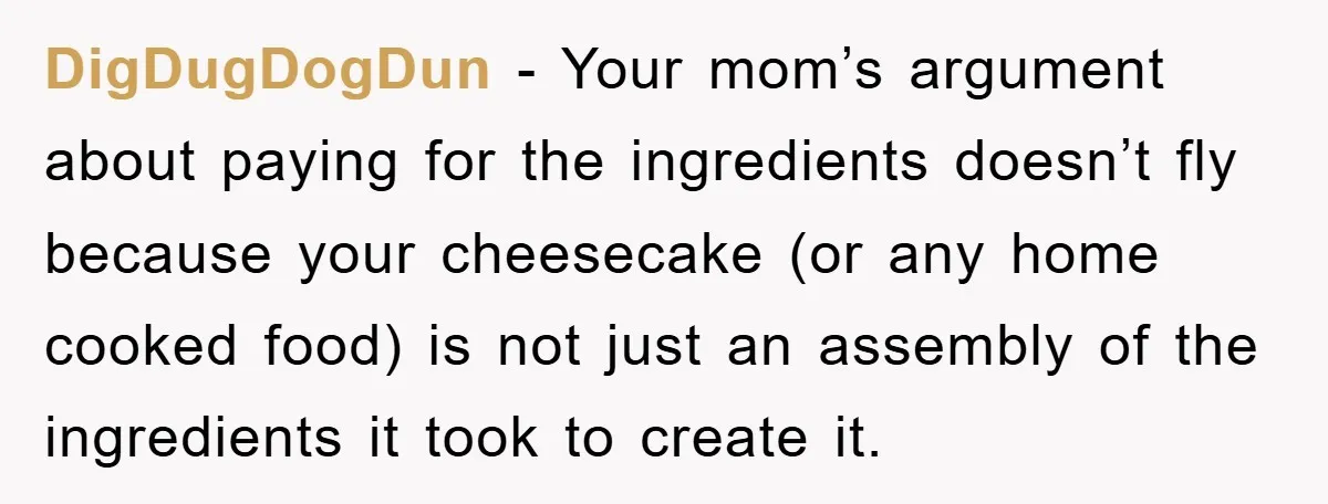 DigDugDogDun − Your mom’s argument about paying for the ingredients doesn’t fly because your cheesecake (or any home cooked food) is not just an assembly of the ingredients it took...