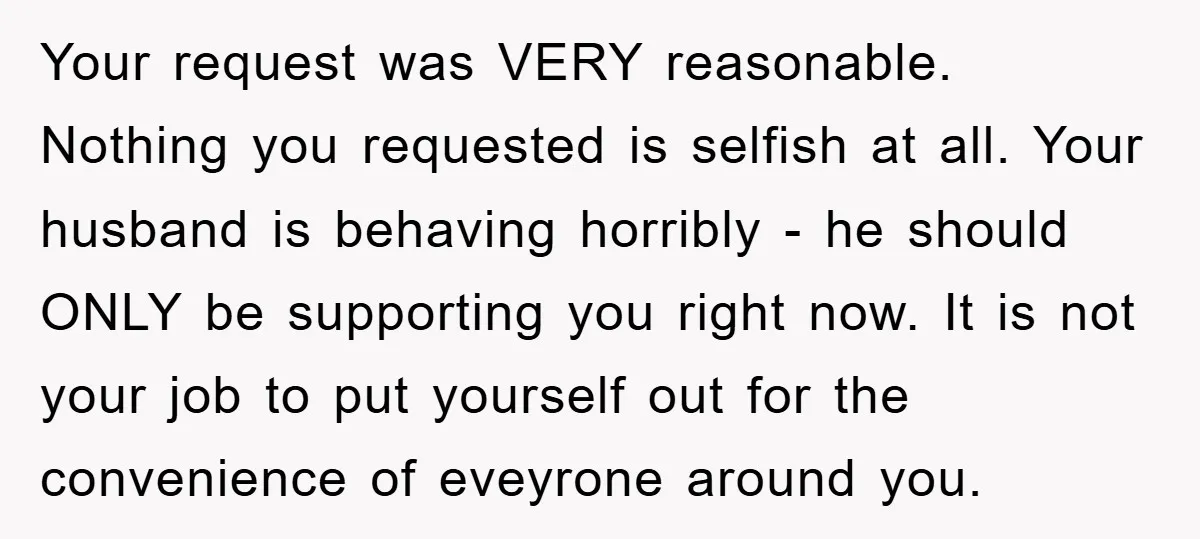 Your request was VERY reasonable. Nothing you requested is selfish at all. Your husband is behaving horribly - he should ONLY be supporting you right now. It is not your...