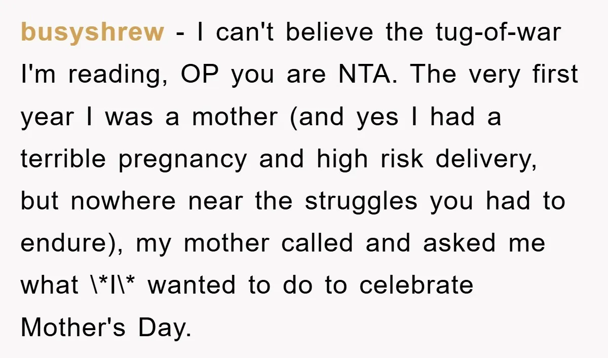 busyshrew − I can't believe the tug-of-war I'm reading, OP you are NTA. The very first year I was a mother (and yes I had a terrible pregnancy and high...