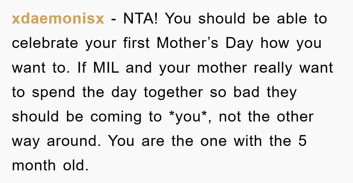 xdaemonisx − NTA! You should be able to celebrate your first Mother’s Day how you want to. If MIL and your mother really want to spend the day together so...