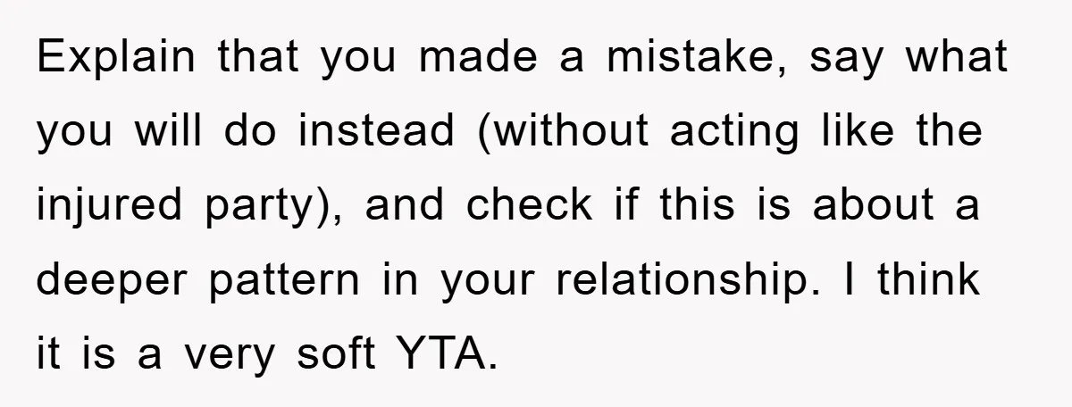 Explain that you made a mistake, say what you will do instead (without acting like the injured party), and check if this is about a deeper pattern in your relationship....