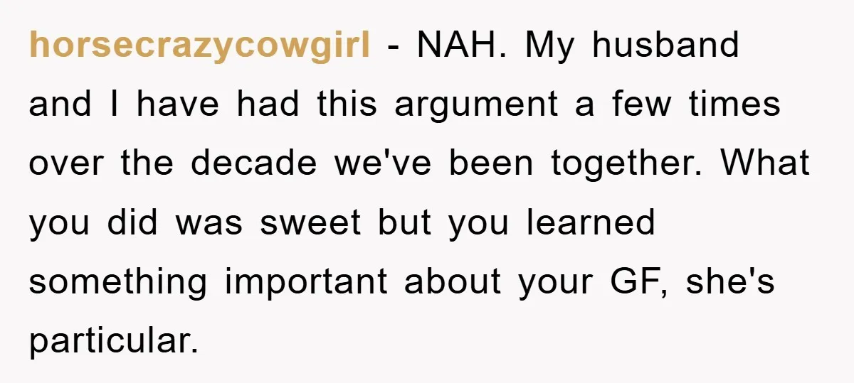 horsecrazycowgirl − NAH. My husband and I have had this argument a few times over the decade we've been together. What you did was sweet but you learned something important...