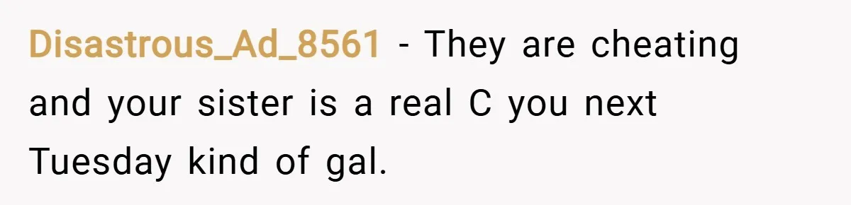 Disastrous_Ad_8561 − They are cheating and your sister is a real C you next Tuesday kind of gal.