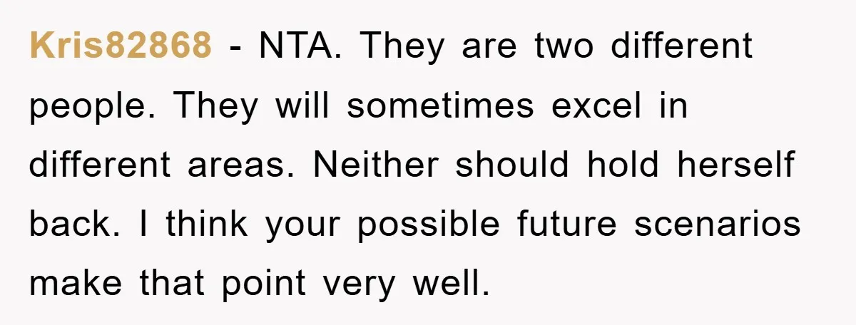 Kris82868 − NTA. They are two different people. They will sometimes excel in different areas. Neither should hold herself back. I think your possible future scenarios make that point very...