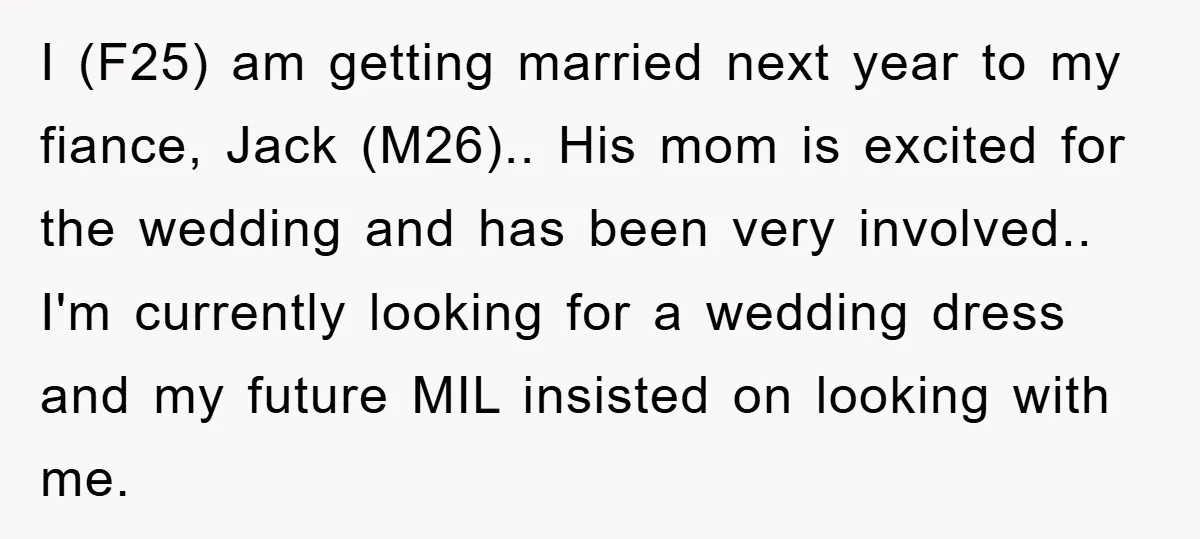 I (F25) am getting married next year to my fiance, Jack (M26).. His mom is excited for the wedding and has been very involved.. I'm currently looking for a wedding...