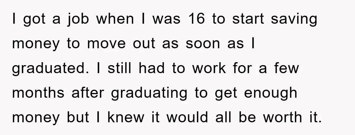 I got a job when I was 16 to start saving money to move out as soon as I graduated. I still had to work for a few months after...