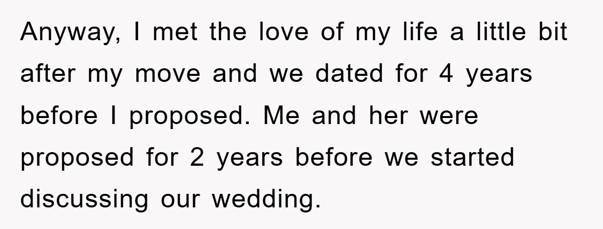 Anyway, I met the love of my life a little bit after my move and we dated for 4 years before I proposed. Me and her were proposed for 2...