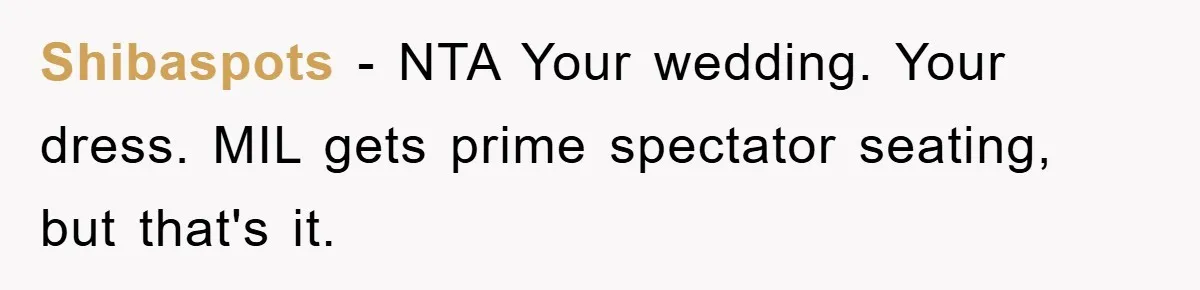 Shibaspots − NTA Your wedding. Your dress. MIL gets prime spectator seating, but that's it.