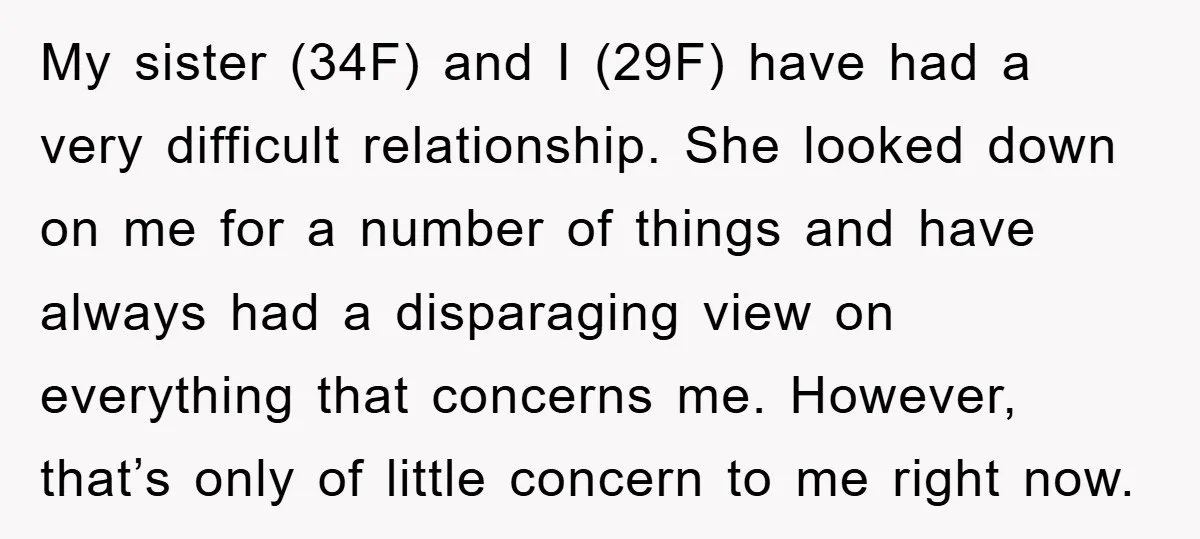 My sister (34F) and I (29F) have had a very difficult relationship. She looked down on me for a number of things and have always had a disparaging view on...