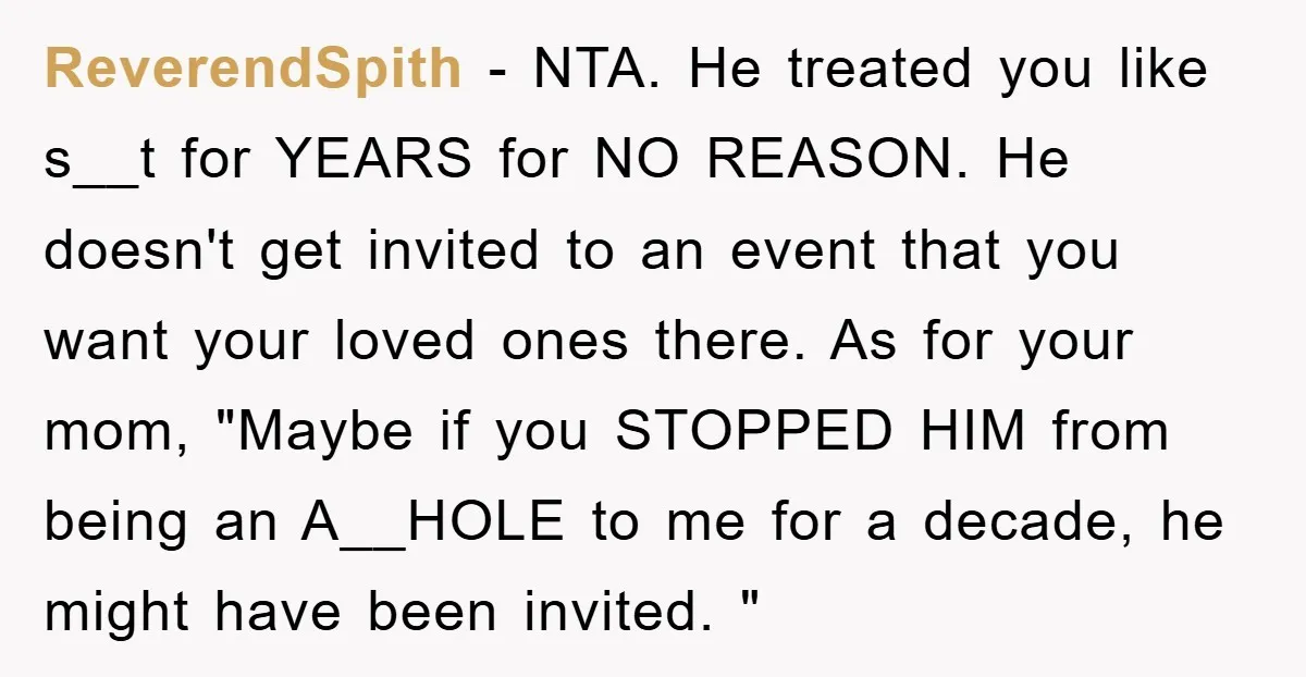 ReverendSpith − NTA. He treated you like s__t for YEARS for NO REASON. He doesn't get invited to an event that you want your loved ones there. As for your...