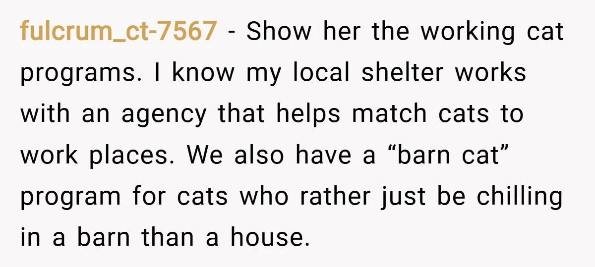 fulcrum_ct-7567 − Show her the working cat programs. I know my local shelter works with an agency that helps match cats to work places. We also have a “barn cat”...