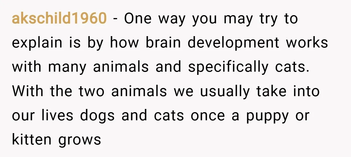 akschild1960 − One way you may try to explain is by how brain development works with many animals and specifically cats. With the two animals we usually take into our...