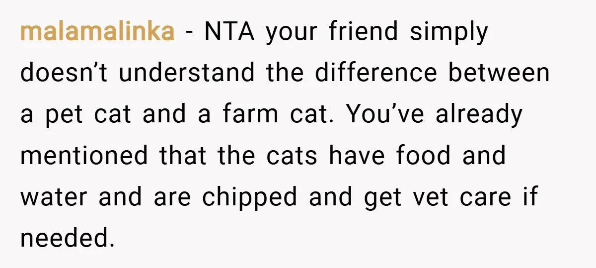 malamalinka − NTA your friend simply doesn’t understand the difference between a pet cat and a farm cat. You’ve already mentioned that the cats have food and water and are...