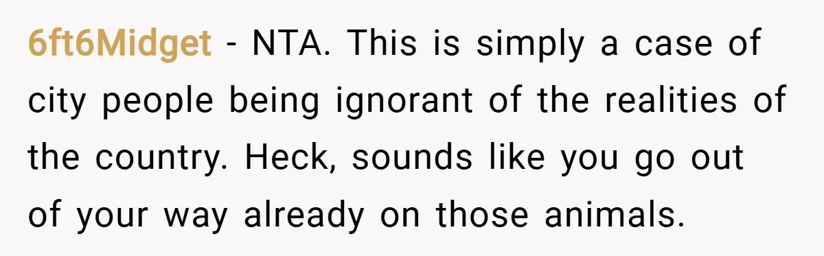 6ft6Midget − NTA. This is simply a case of city people being ignorant of the realities of the country. Heck, sounds like you go out of your way already on...