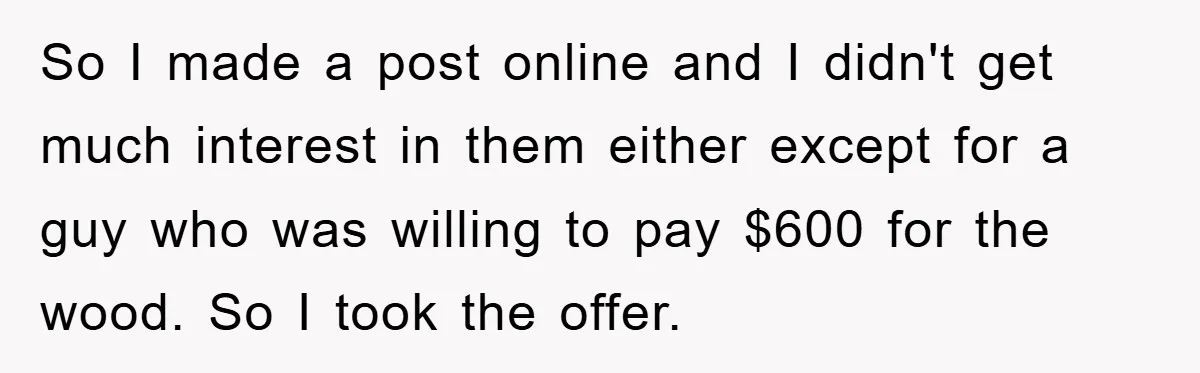So I made a post online and I didn't get much interest in them either except for a guy who was willing to pay $600 for the wood. So I...