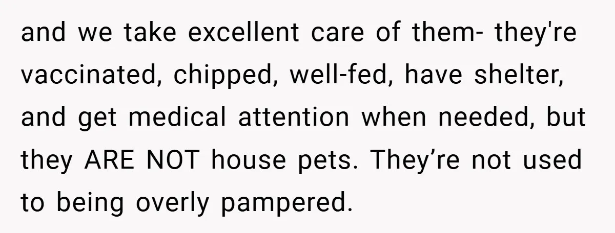 and we take excellent care of them- they're vaccinated, chipped, well-fed, have shelter, and get medical attention when needed, but they ARE NOT house pets. They’re not used to being...