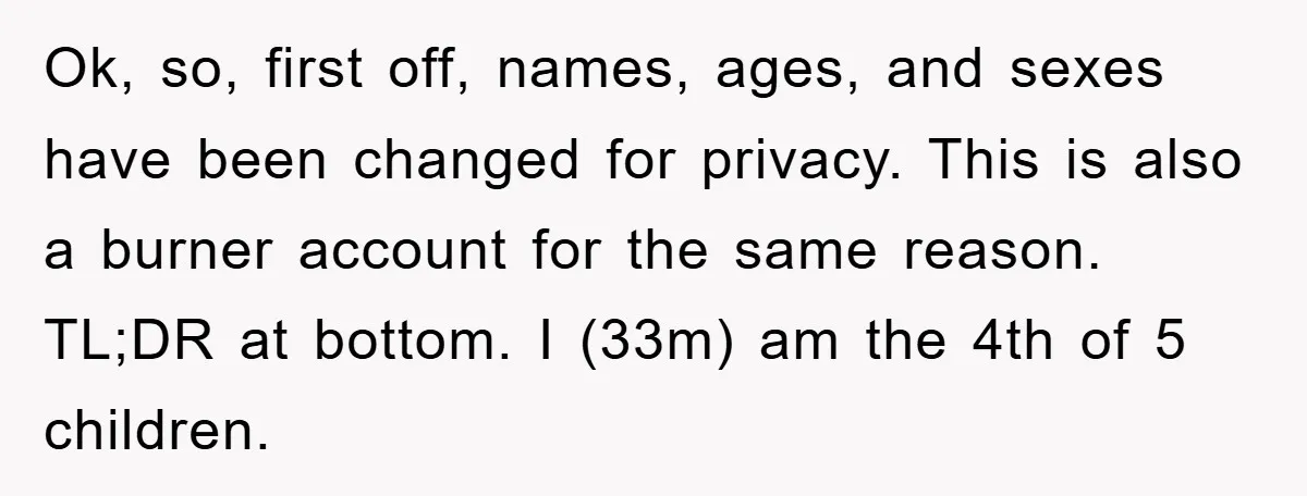 Ok, so, first off, names, ages, and sexes have been changed for privacy. This is also a burner account for the same reason. TL;DR at bottom. I (33m) am the...