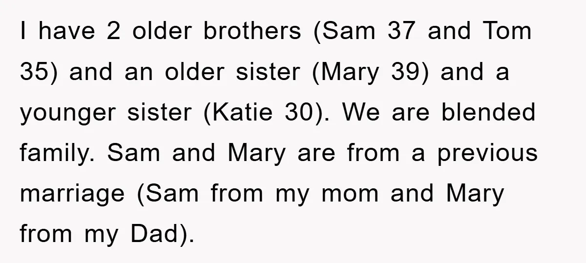 I have 2 older brothers (Sam 37 and Tom 35) and an older sister (Mary 39) and a younger sister (Katie 30). We are blended family. Sam and Mary are...