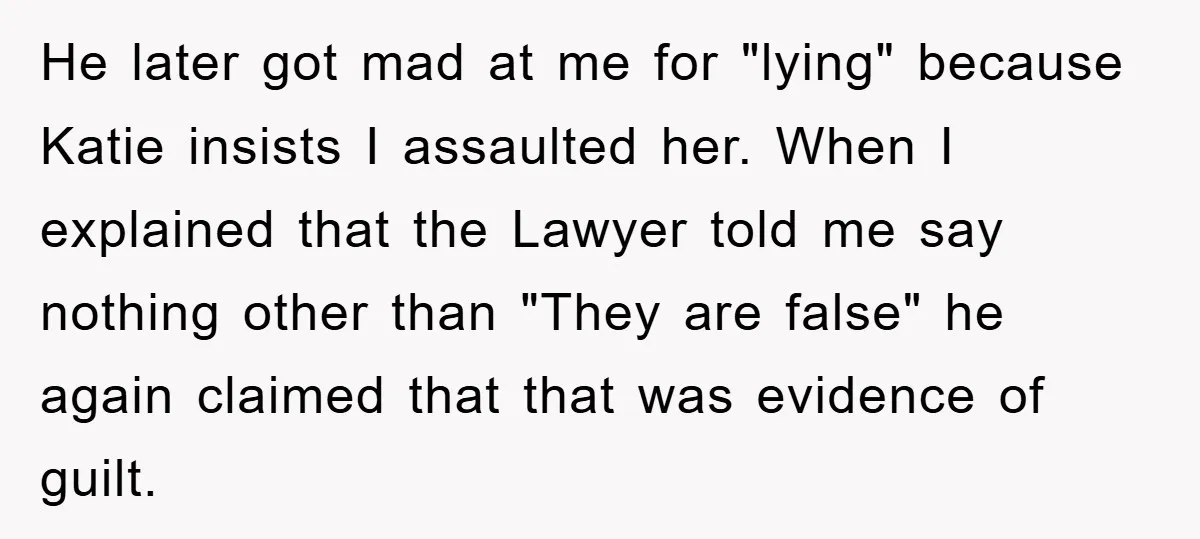 He later got mad at me for "lying" because Katie insists I assaulted her. When I explained that the Lawyer told me say nothing other than "They are false" he...